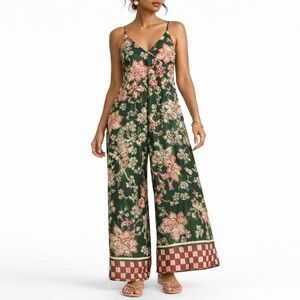 Robertson & Rodeo Green Floral Wide Leg Jumpsuit Tie Back Size S Boho
